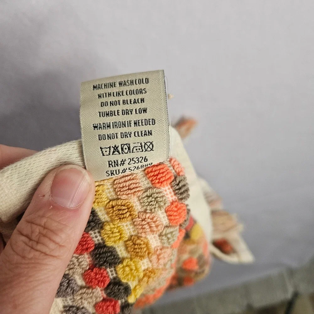 World Market Cotton Bath Towel Striped Dot Texture Fringe Orange Yellow 28x54